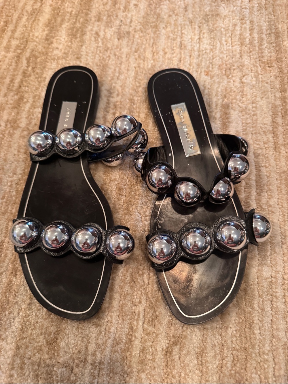 Zara Black Slide Sandals with Silver Orb Studded Detailing size 7